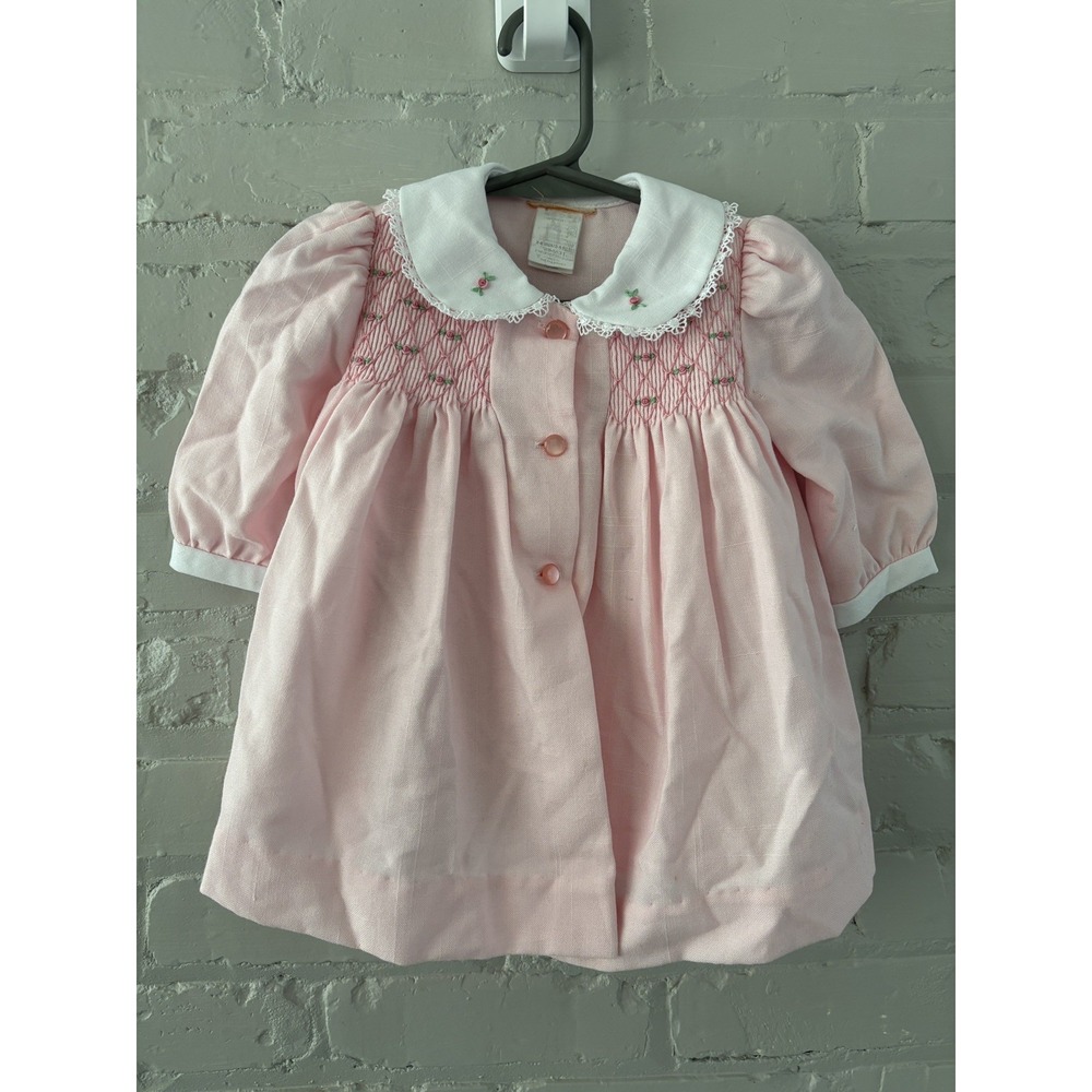 Vintage Pink Smocked Embroidered Cotton Dress Peter-Pan Collar 3-6M